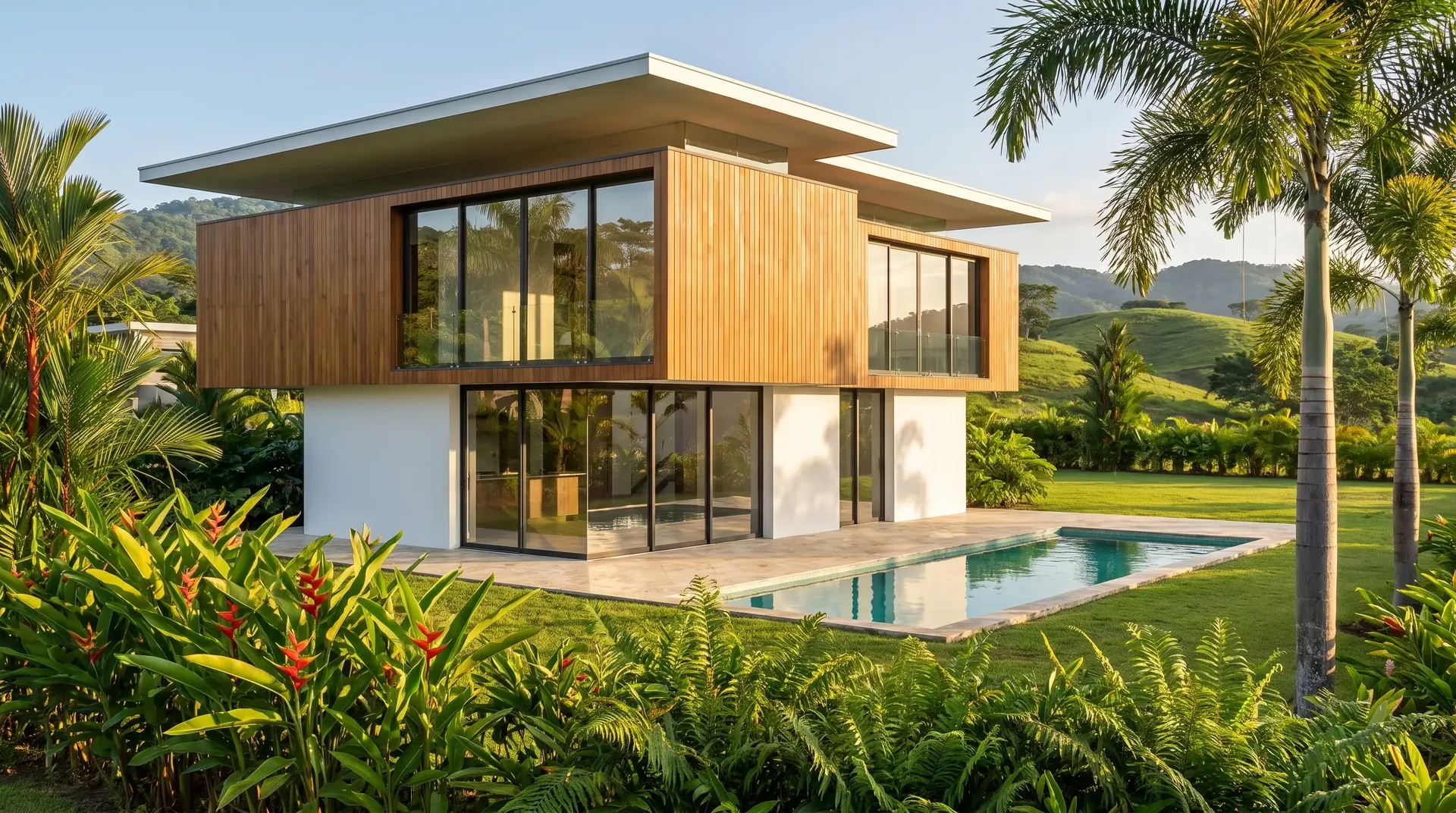 Render arquitectónico fotorrealista de casa moderna con piscina y jardín tropical