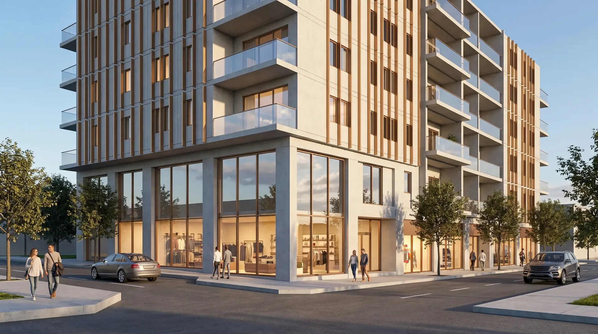 Render fotorrealista de edificio de apartamentos con comercio en planta baja