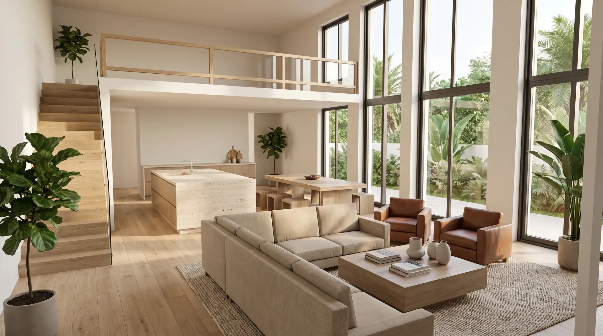 Render de interiores de sala de doble altura con ventanales