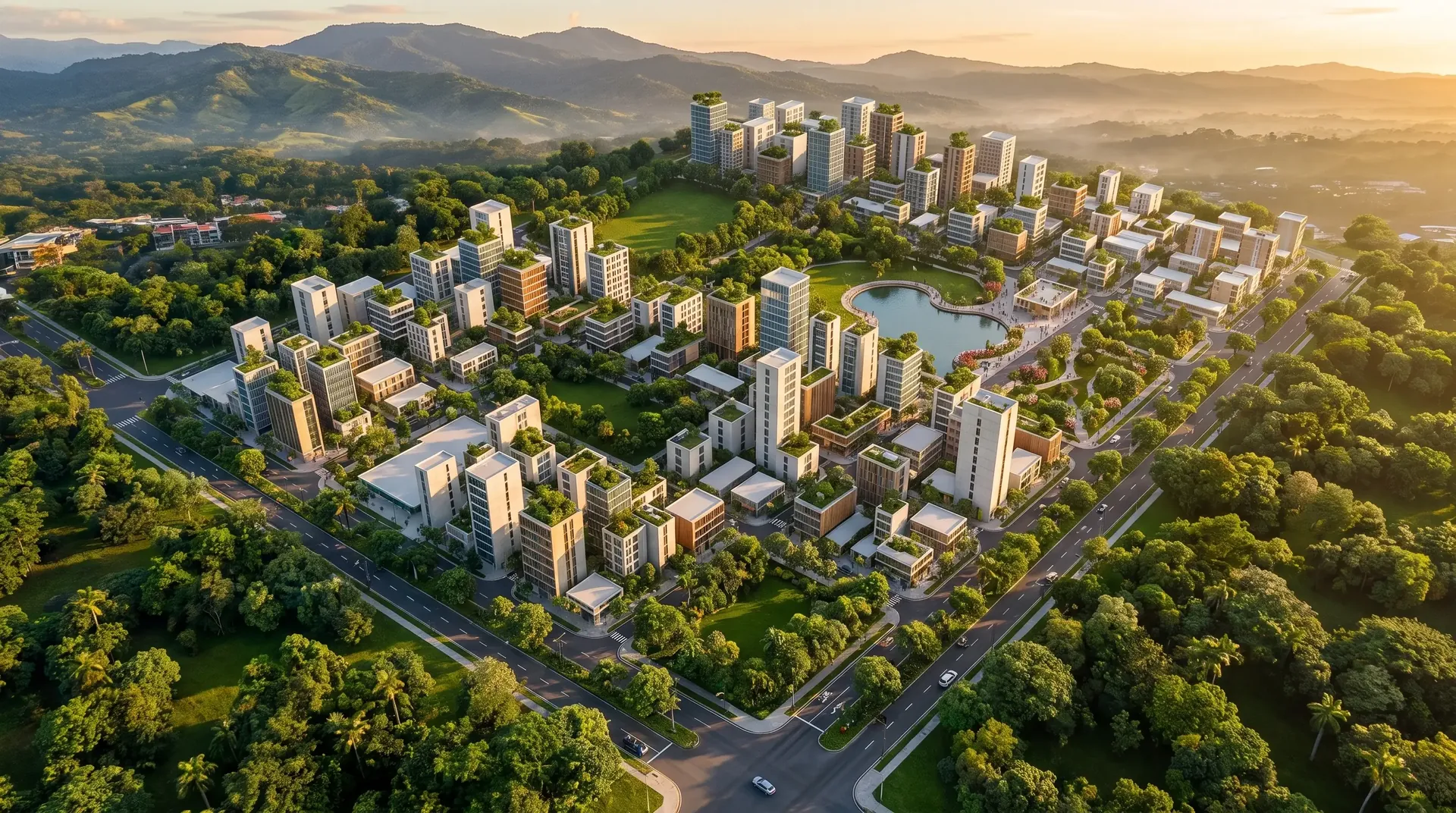 Render aéreo de masterplan urbano al atardecer