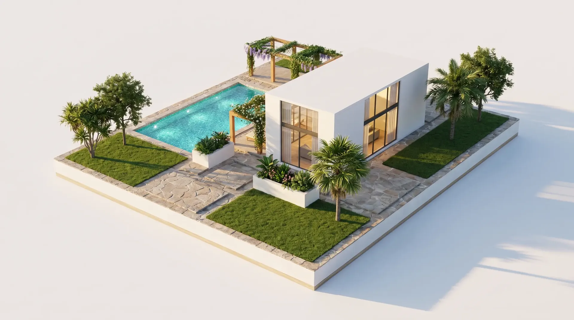 Render de paisajismo de jardín, piscina y casa moderna